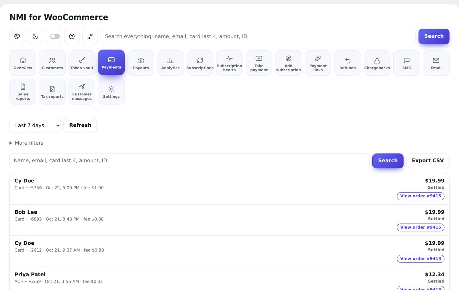 Payments list in the dashboard