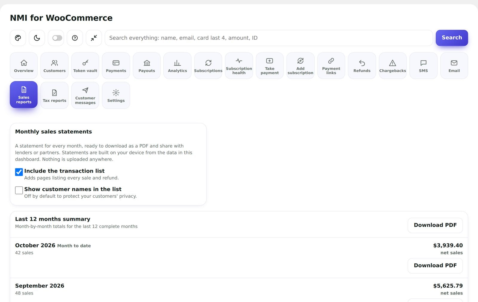 Sales reports screen